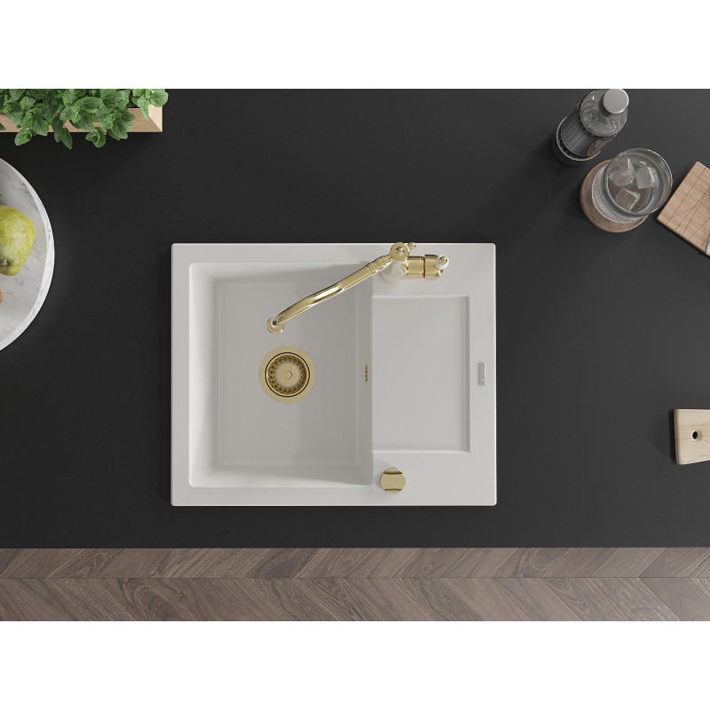Mexen Enzo Carla Single-Bowl Granite Sink with Drainer and Kitchen Faucet, White - 6506-20-670700-50