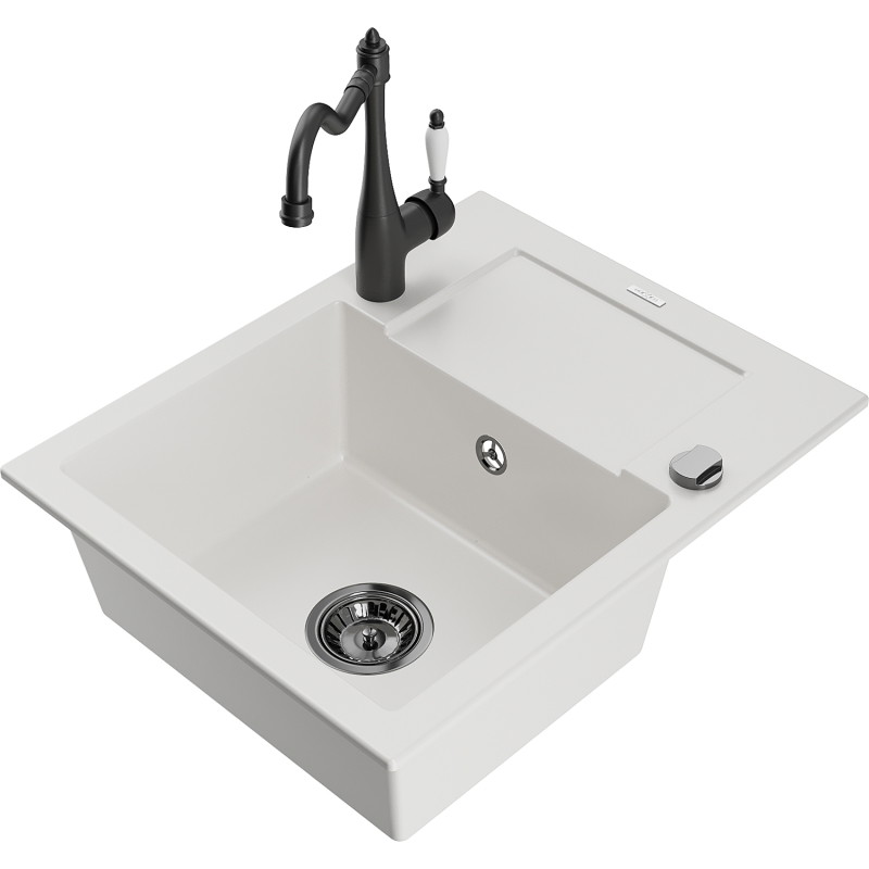 Mexen Enzo granite sink 1-bowl with drainer and kitchen faucet Carla, white - 6506-20-670700-70