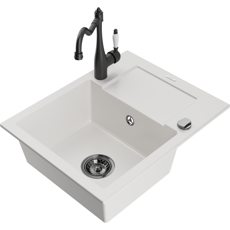Mexen Enzo 1-bowl granite sink with drainer and Carla kitchen faucet, white - 6506-20-670700-70