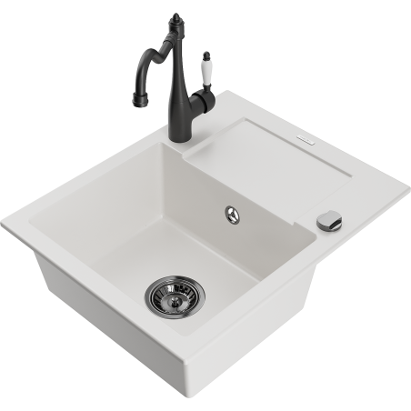 Mexen Enzo 1-compartment granite sink with a drip tray and kitchen mixer tap Carla, White - 6506-20-670700-70