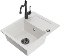 Mexen Enzo 1-compartment granite sink with a drip tray and kitchen mixer tap Carla, White - 6506-20-670700-70