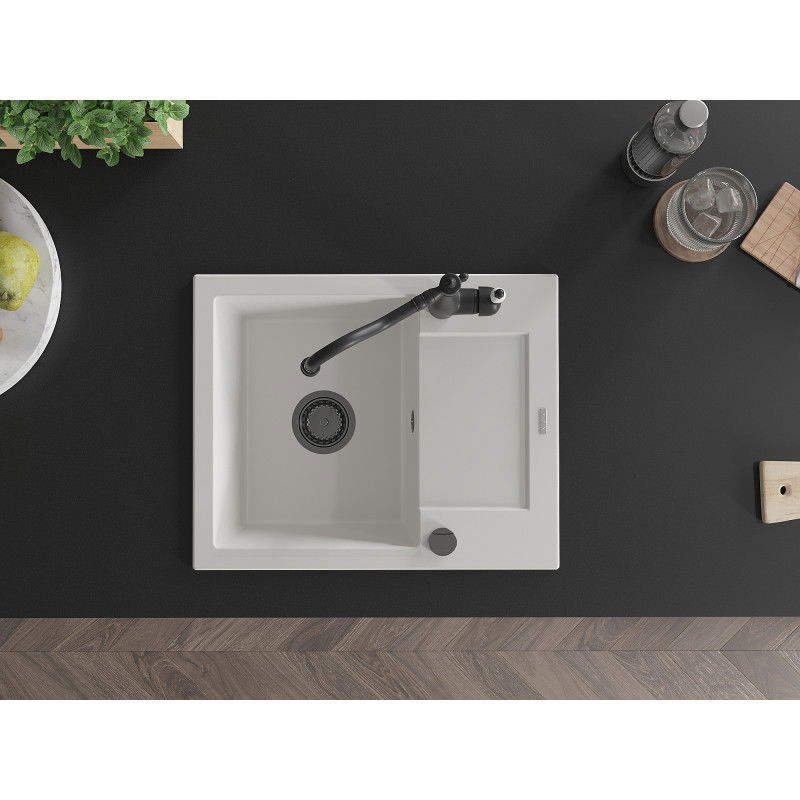 Mexen Enzo 1-bowl granite sink with drainer and Carla kitchen faucet, white - 6506-20-670700-70