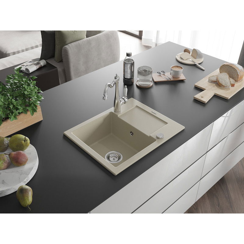Mexen Enzo 1-bowl granite sink with drainer and Carla kitchen tap, beige - 6506-69-670700-00
