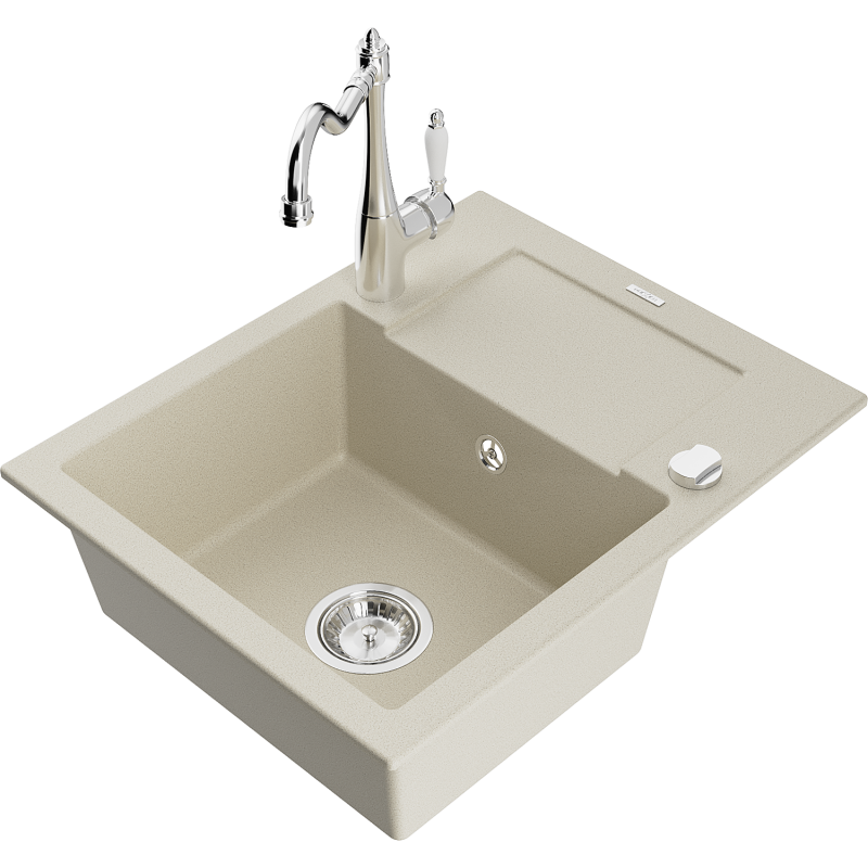 Mexen Enzo 1-bowl granite sink with drainer and Carla kitchen tap, beige - 6506-69-670700-00