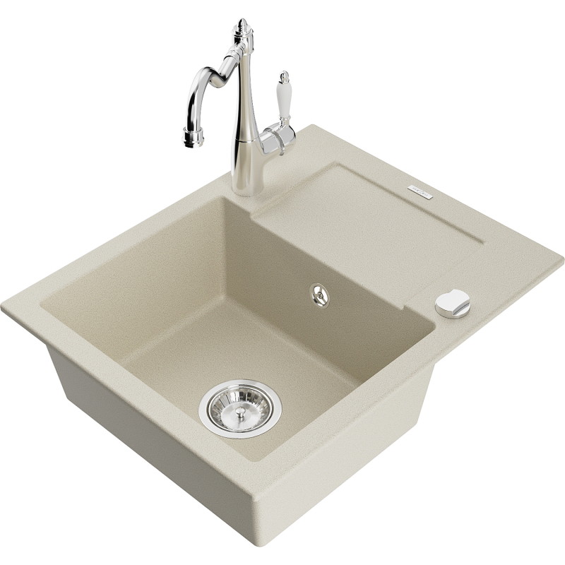 Mexen Enzo granite 1-bowl sink with drainer and kitchen faucet Carla, beige - 6506-69-670700-00