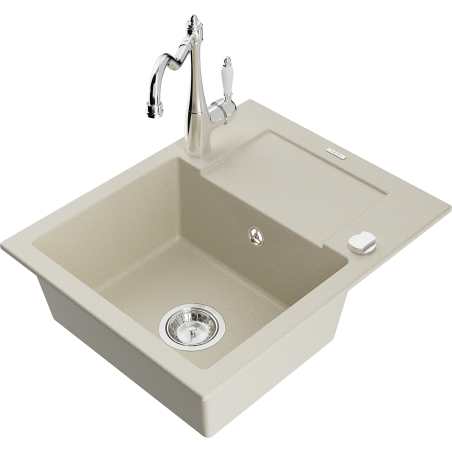 Mexen Enzo 1-bowl granite sink with drainer and Carla kitchen tap, beige - 6506-69-670700-00