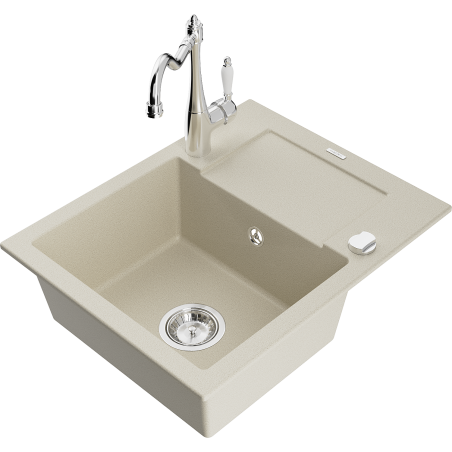 Mexen Enzo 1-compartment granite sink with a drip tray and kitchen mixer tap Carla, Beige - 6506-69-670700-00