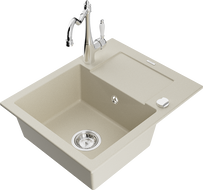 Mexen Enzo granite single-bowl sink with drainer and Carla kitchen faucet, beige - 6506-69-670700-00