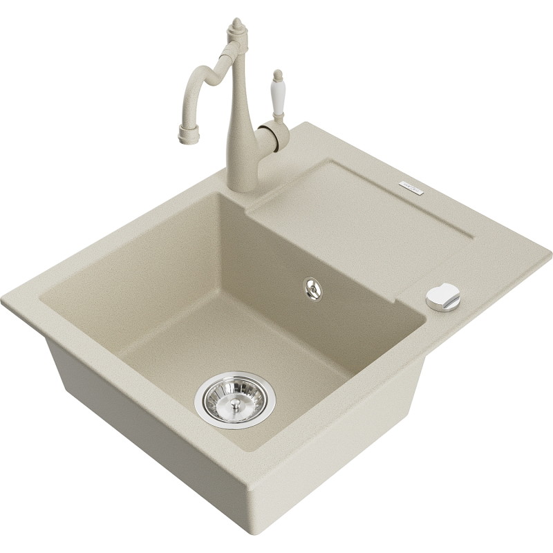 Mexen Enzo 1-bowl granite sink with drainer and Carla kitchen faucet, beige - 6506-69-670700-69