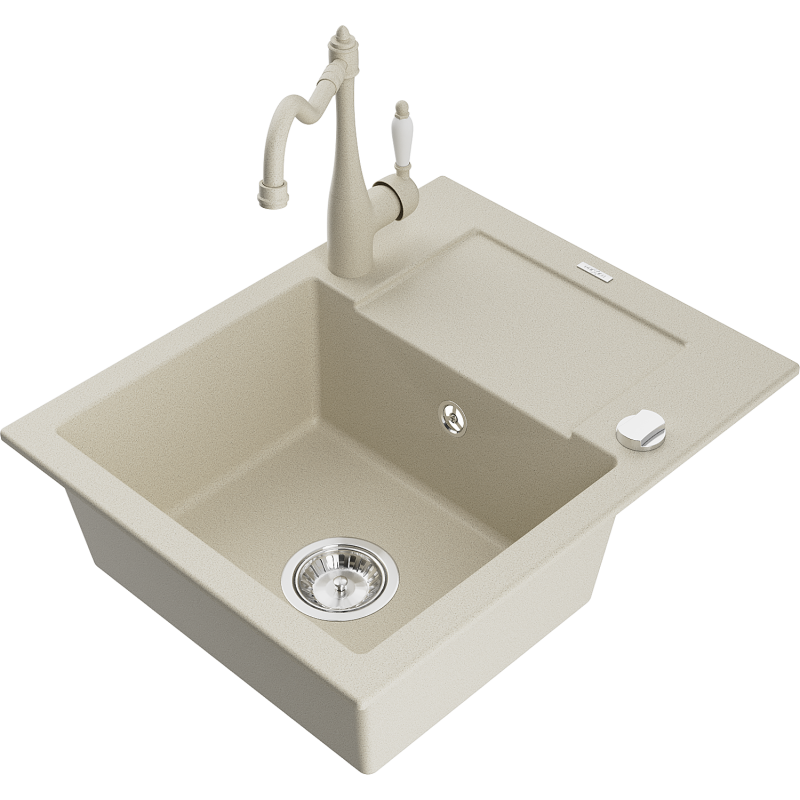 Mexen Enzo 1-bowl granite sink with drainer and Carla kitchen tap, beige - 6506-69-670700-69