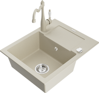 Mexen Enzo 1-compartment granite sink with a drip tray and kitchen mixer tap Carla, Beige - 6506-69-670700-69