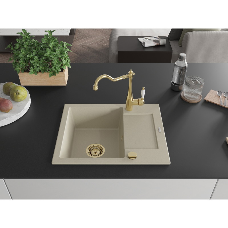 Mexen Enzo granite sink 1-bowl with drainer and kitchen faucet Carla, beige - 6506-69-670700-50