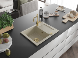 Mexen Enzo 1-compartment granite sink with a drip tray and kitchen mixer tap Carla, Beige - 6506-69-670700-50