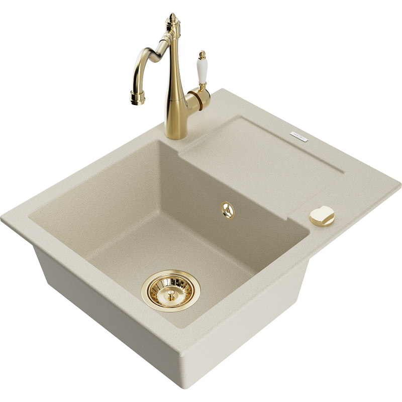 Mexen Enzo 1-Bowl Granite Sink with Drainboard and Carla Kitchen Tap, Beige - 6506-69-670700-50