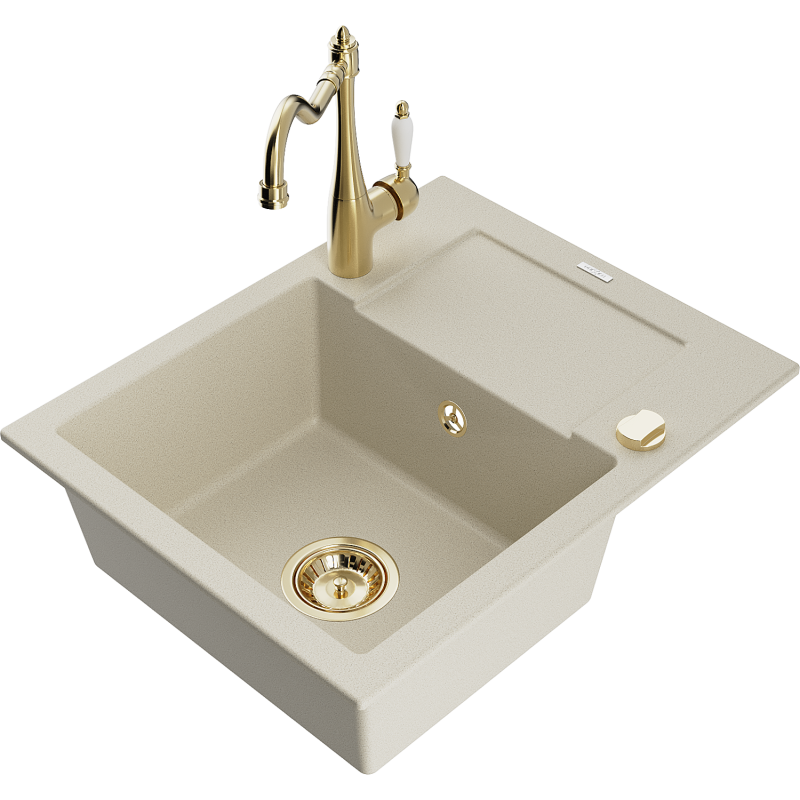 Mexen Enzo 1-compartment granite sink with a drip tray and kitchen mixer tap Carla, Beige - 6506-69-670700-50