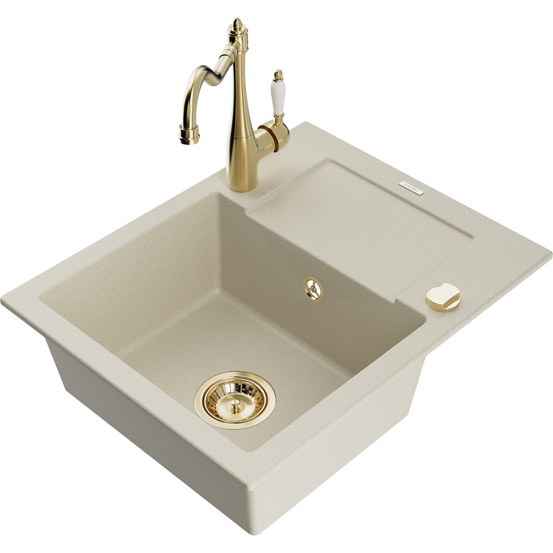 Mexen Enzo granite sink 1-bowl with drainer and kitchen faucet Carla, beige - 6506-69-670700-50