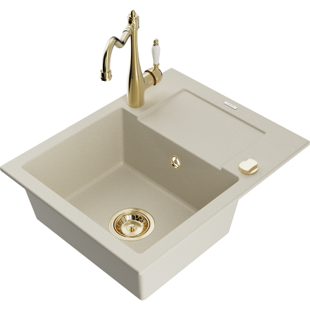 Mexen Enzo 1-Bowl Granite Sink with Drainboard and Carla Kitchen Tap, Beige - 6506-69-670700-50