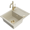 Mexen Enzo 1-Bowl Granite Sink with Drainboard and Carla Kitchen Tap, Beige - 6506-69-670700-50