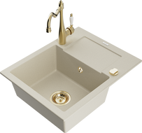 Mexen Enzo 1-compartment granite sink with a drip tray and kitchen mixer tap Carla, Beige - 6506-69-670700-50