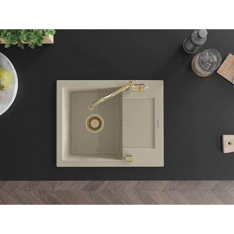 Mexen Enzo 1-Bowl Granite Sink with Drainboard and Carla Kitchen Tap, Beige - 6506-69-670700-50