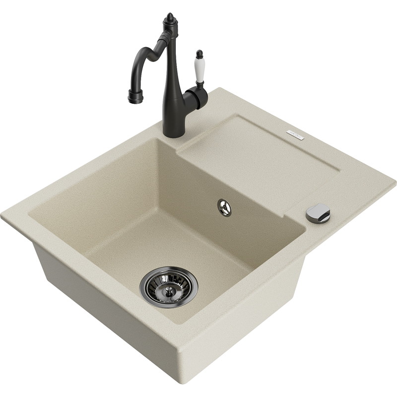 Mexen Enzo 1-bowl granite sink with drainer and Carla kitchen faucet, beige - 6506-69-670700-70