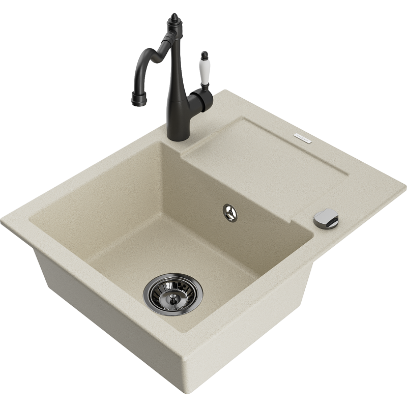 Mexen Enzo granite sink 1-bowl with drainer and Carla kitchen tap, beige - 6506-69-670700-70