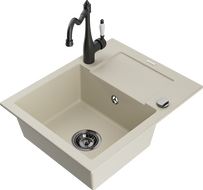 Mexen Enzo 1-bowl granite sink with drainer and Carla kitchen faucet, beige - 6506-69-670700-70