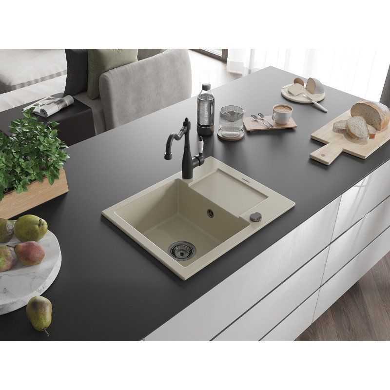 Mexen Enzo 1-bowl granite sink with drainer and Carla kitchen faucet, beige - 6506-69-670700-70