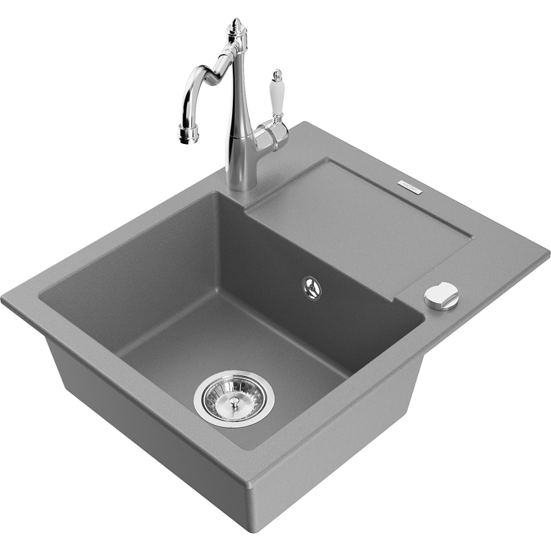 Mexen Enzo 1-bowl granite sink with drainer and Carla kitchen tap, grey - 6506-71-670700-00