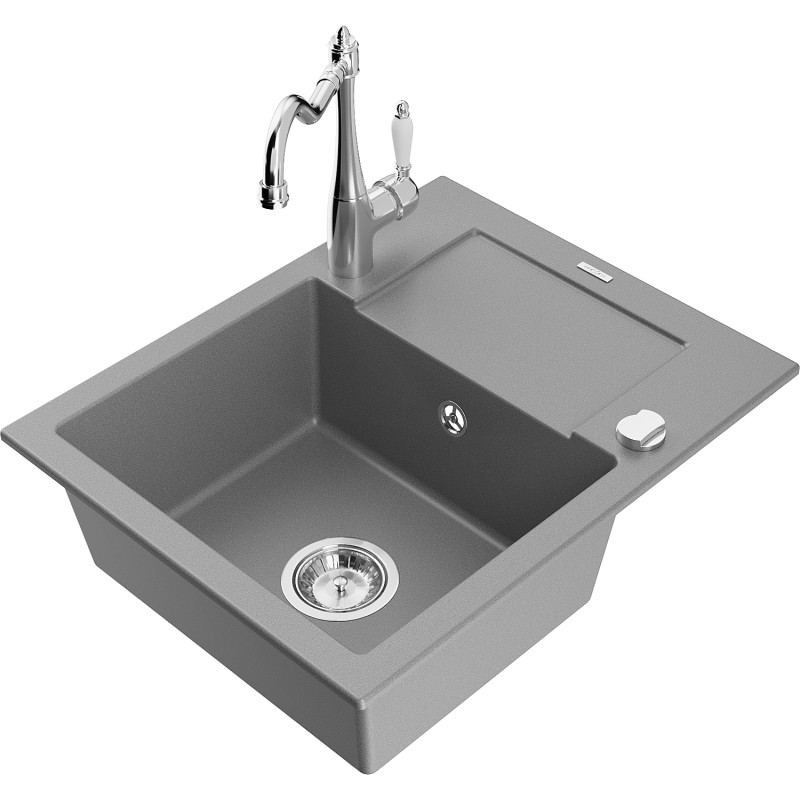 Mexen Enzo granite kitchen sink 1-bowl with drainer and Carla faucet, gray - 6506-71-670700-00