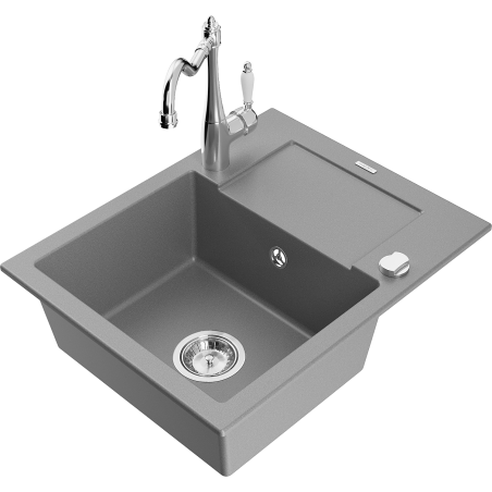 Mexen Enzo granite kitchen sink 1-bowl with drainer and Carla faucet, gray - 6506-71-670700-00