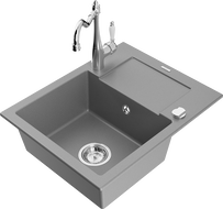 Mexen Enzo granite sink 1-bowl with drainer and kitchen faucet Carla, gray - 6506-71-670700-00