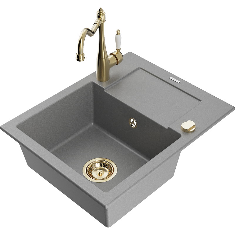 Mexen Enzo granite kitchen sink 1-bowl with drainer and kitchen faucet Carla, gray - 6506-71-670700-50