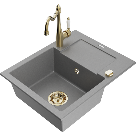Mexen Enzo 1-bowl granite sink with drainer and Carla kitchen tap, grey - 6506-71-670700-50