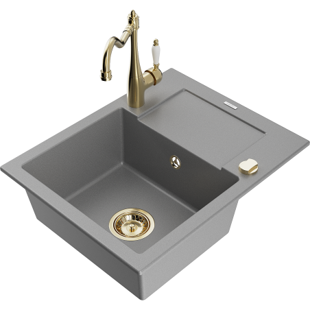 Mexen Enzo granit sink 1-bowl with drainer and kitchen faucet Carla, gray - 6506-71-670700-50