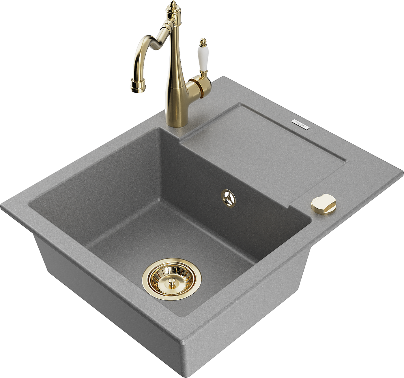 Mexen Enzo 1-compartment granite sink with a drip tray and kitchen mixer tap Carla, Grey - 6506-71-670700-50