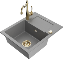 Mexen Enzo 1-compartment granite sink with a drip tray and kitchen mixer tap Carla, Grey - 6506-71-670700-50