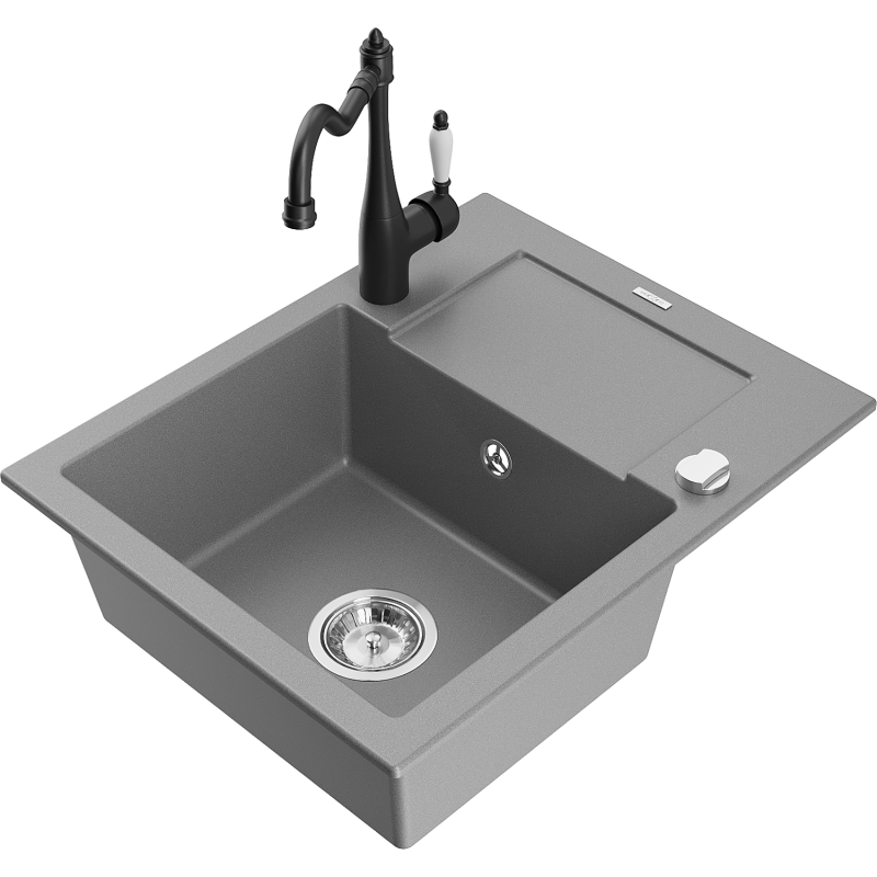 Mexen Enzo 1-bowl granite kitchen sink with drainer and Carla kitchen tap, grey - 6506-71-670700-70