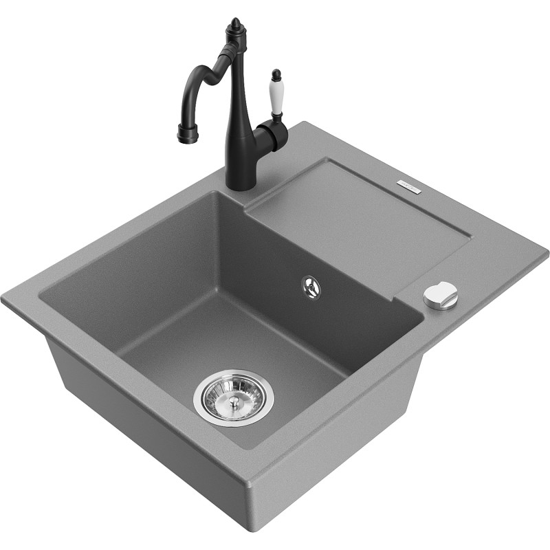 Mexen Enzo 1-bowl granite sink with drainer and Carla kitchen faucet, gray - 6506-71-670700-70