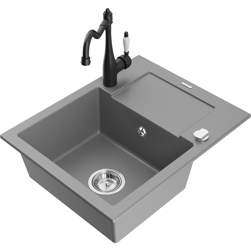 Mexen Enzo 1-compartment granite sink with a drip tray and kitchen mixer tap Carla, Grey - 6506-71-670700-70