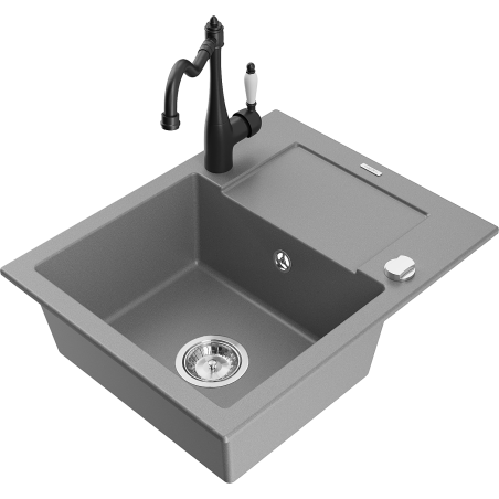 Mexen Enzo 1-bowl granite kitchen sink with drainer and Carla kitchen tap, grey - 6506-71-670700-70