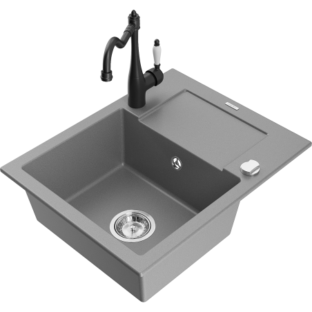 Mexen Enzo 1-bowl granite sink with drainer and Carla kitchen faucet, gray - 6506-71-670700-70