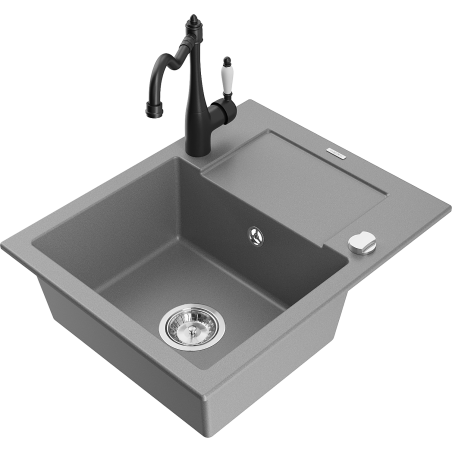 Mexen Enzo granite kitchen sink single bowl with drainer and kitchen faucet Carla, gray - 6506-71-670700-70