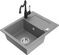 Mexen Enzo 1-bowl granite sink with drainer and Carla kitchen faucet, gray - 6506-71-670700-70