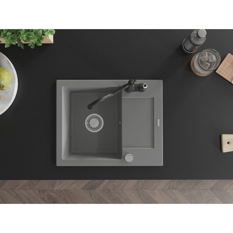 Mexen Enzo 1-bowl granite kitchen sink with drainer and Carla kitchen tap, grey - 6506-71-670700-70