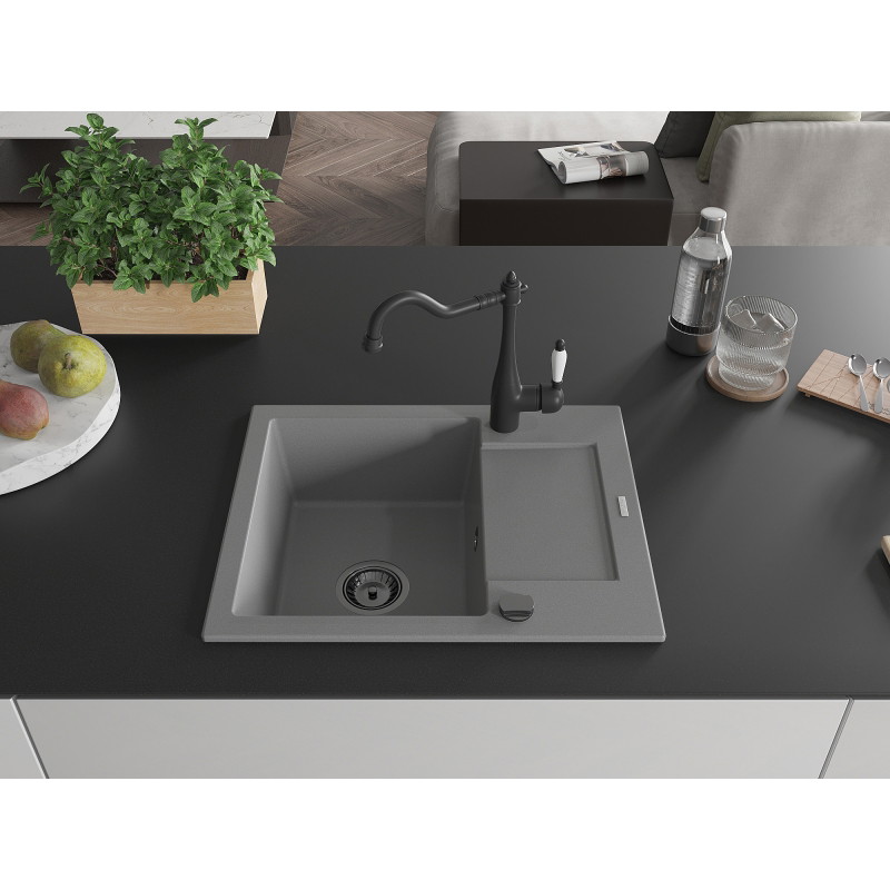 Mexen Enzo granite kitchen sink 1-bowl with drainer and Carla kitchen faucet, gray - 6506-71-670700-70-B