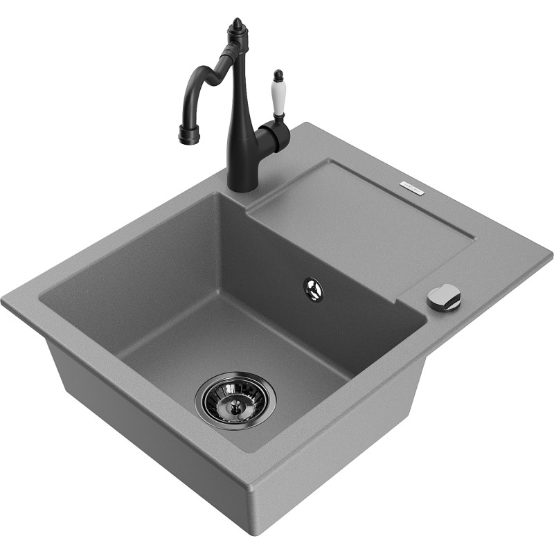 Mexen Enzo 1-Bowl Granite Sink with Drainer and Carla Kitchen Faucet, Gray - 6506-71-670700-70-B