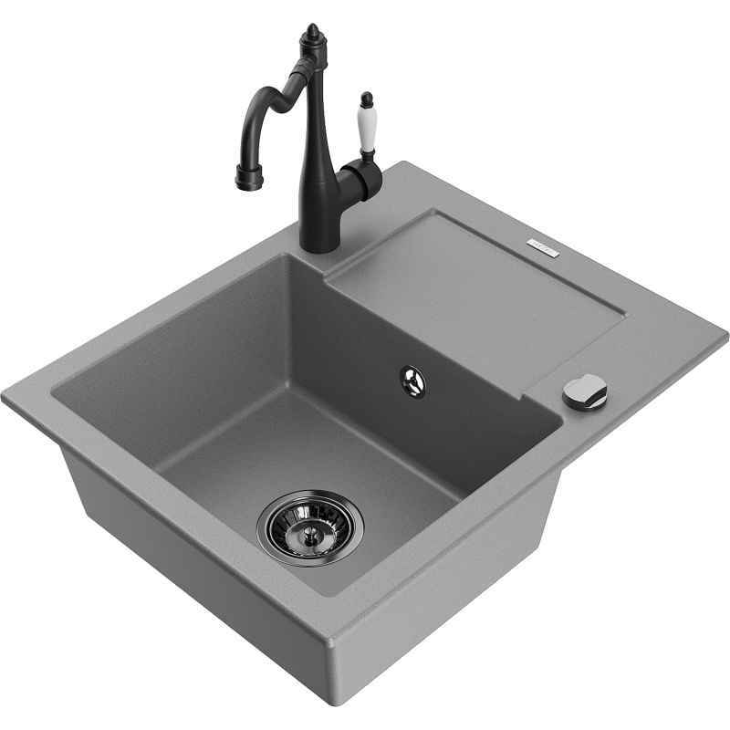 Mexen Enzo 1-compartment granite sink with a drip tray and kitchen mixer tap Carla, Grey - 6506-71-670700-70-B