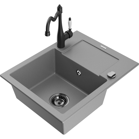 Mexen Enzo 1-Bowl Granite Sink with Drainer and Carla Kitchen Faucet, Gray - 6506-71-670700-70-B
