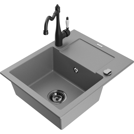 Mexen Enzo 1-bowl granite sink with drainer and Carla kitchen tap, grey - 6506-71-670700-70-B
